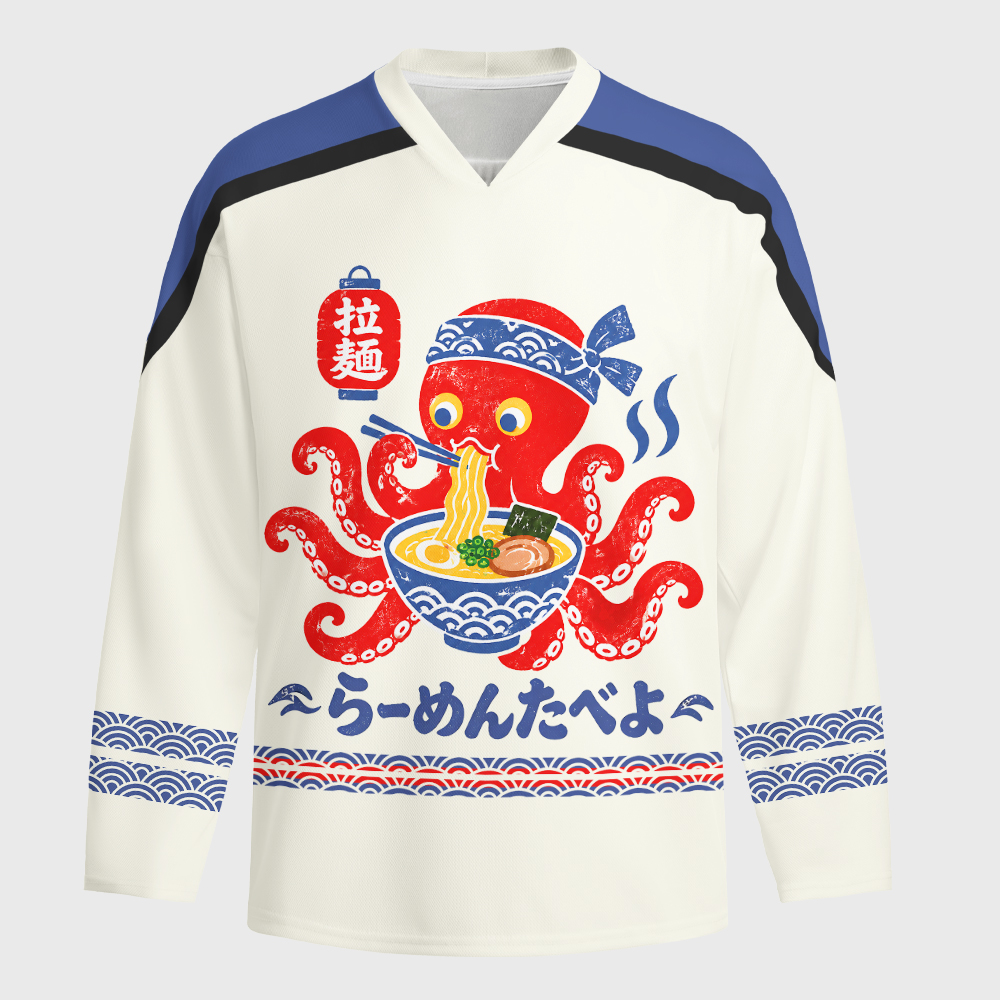 Tokyo-Tiger Japanese Retro Octopus Ramen Long-Sleeve Hockey Jersey