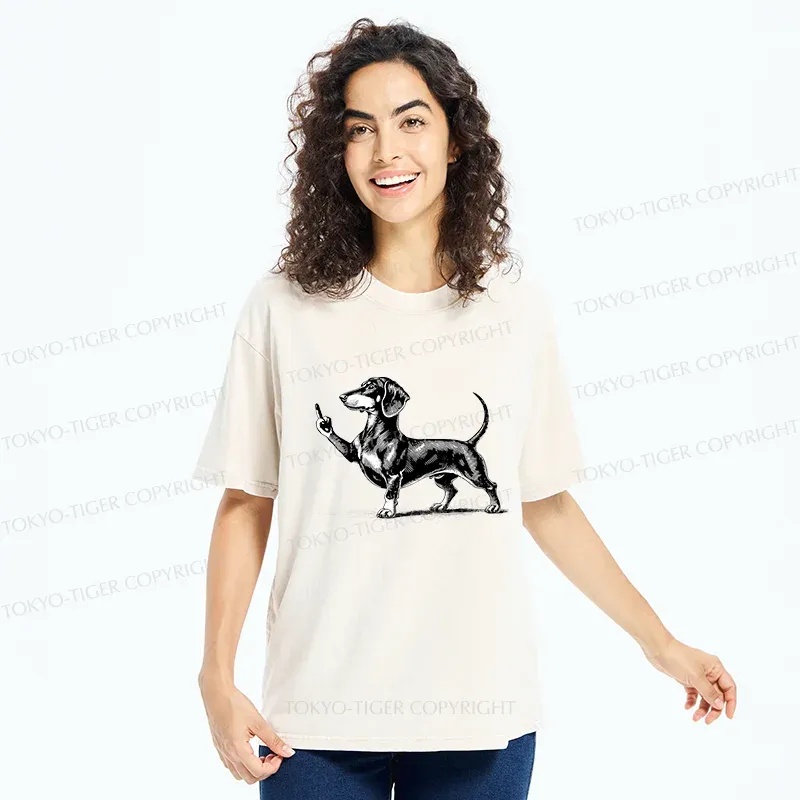 Tokyo-Tiger Dachshund Showing Middle Finger Washed T-Shirt