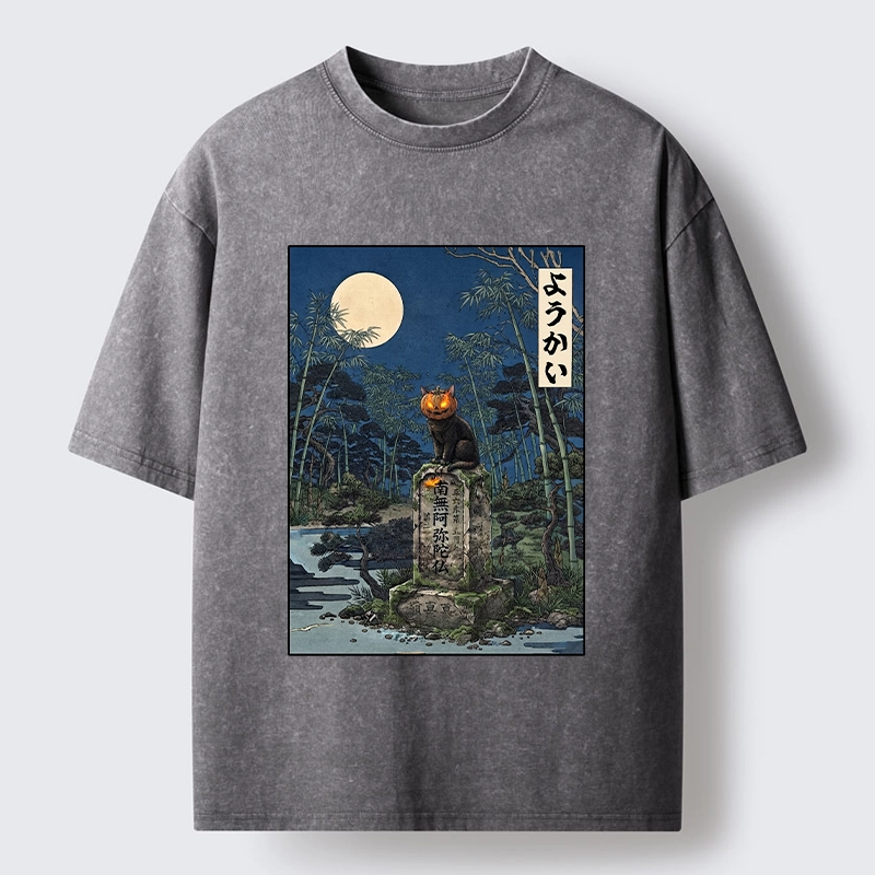 Tokyo‑Tiger Funny Ghost Cat Washed T‑Shirt