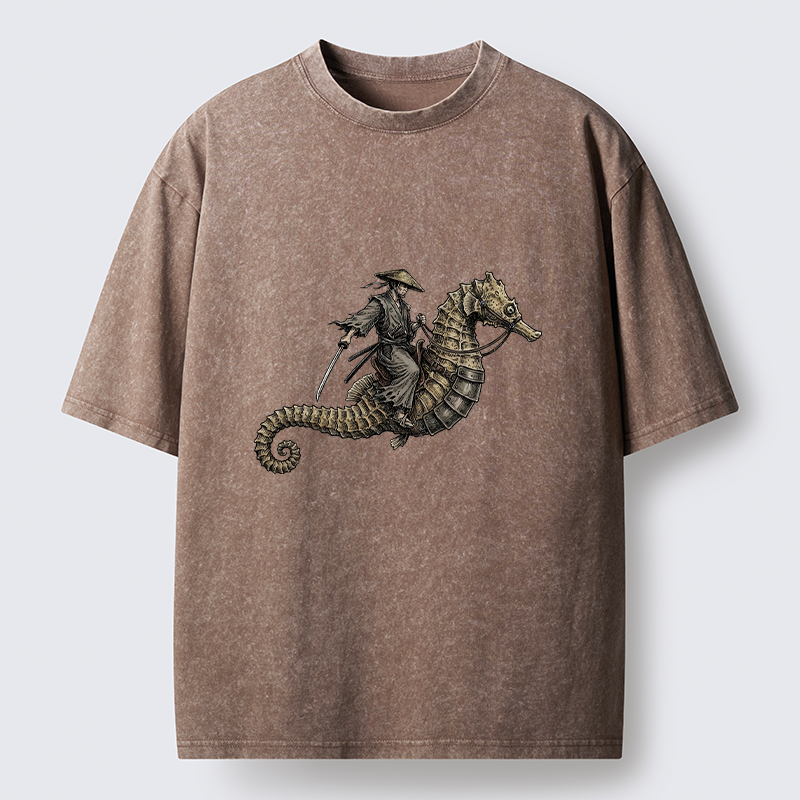 Tokyo-Tiger Samurai Riding Seahorse Washed T-Shirt