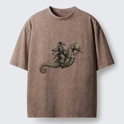 Tokyo-Tiger Samurai Riding Seahorse Washed T-Shirt