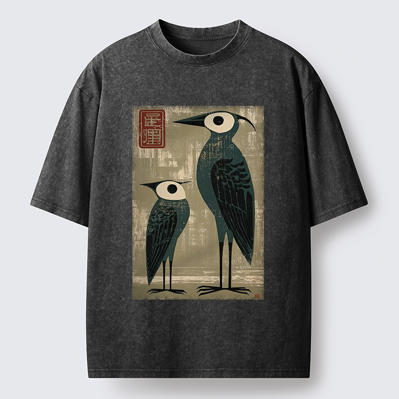 Tokyo-Tiger Retro Two Birds Art Washed T-Shirt