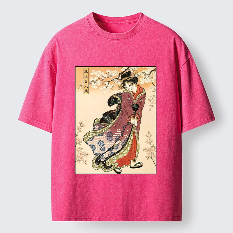 Tokyo‑Tiger Kimono Cat Art Washed T‑Shirt