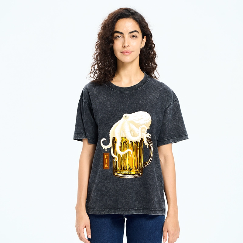 Tokyo-Tiger Octopus Foam On Cold Beer Mug Washed T-Shirt