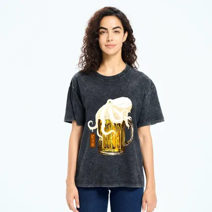 Tokyo-Tiger Octopus Foam On Cold Beer Mug Washed T-Shirt