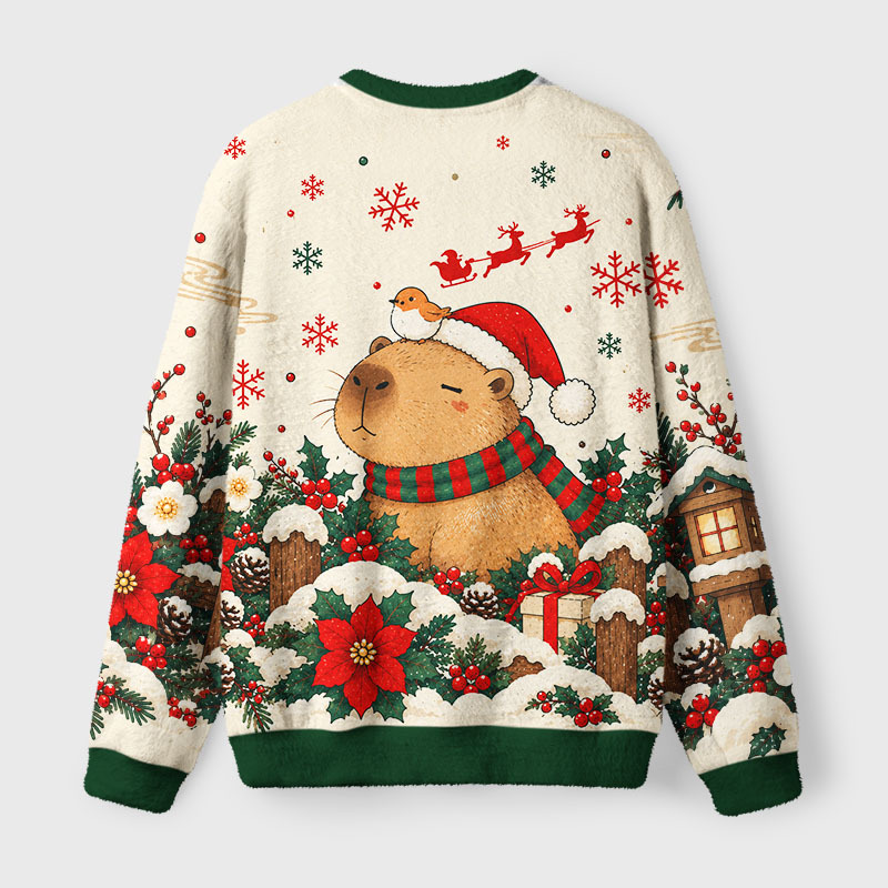 Tokyo-Tiger Bird And Capybara Fuzzy Christmas Ugly Sweatshirt