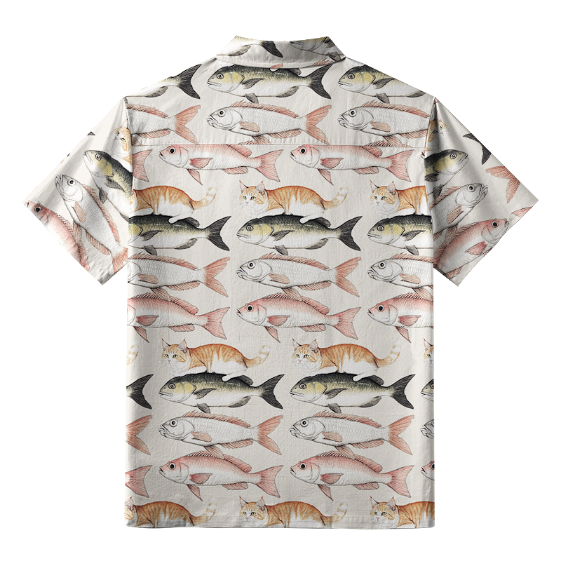 Tokyo-Tiger Funny Cat Riding On Fish Button-up Shirt
