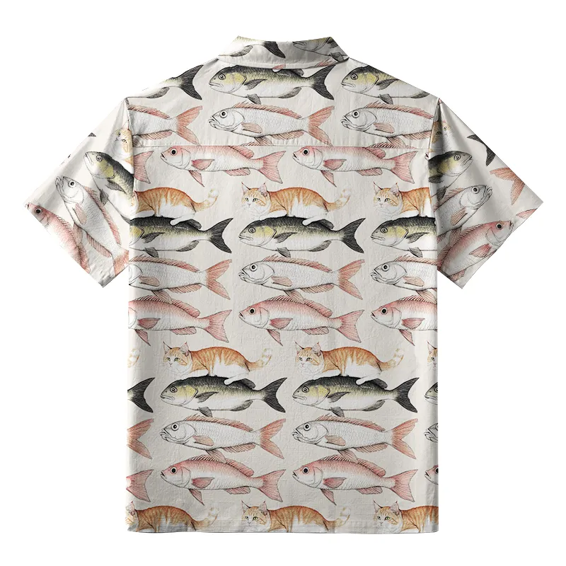 Tokyo-Tiger Funny Cat Riding On Fish Button-up Shirt