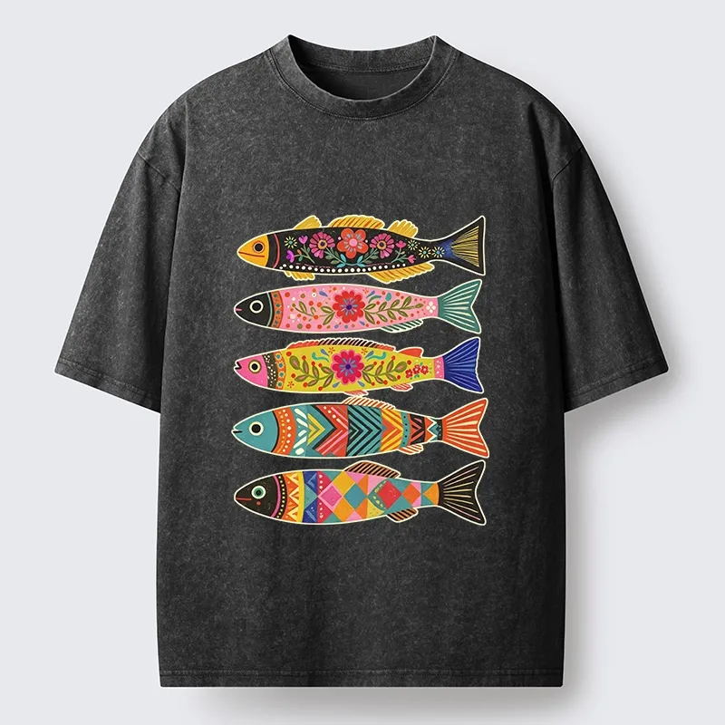 Tokyo-Tiger Colorful Patterned Fish Washed T-Shirt