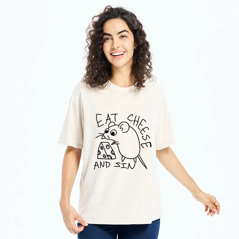 Tokyo-Tiger Cheese Obsessed Mouse Funny Art Washed T-Shirt
