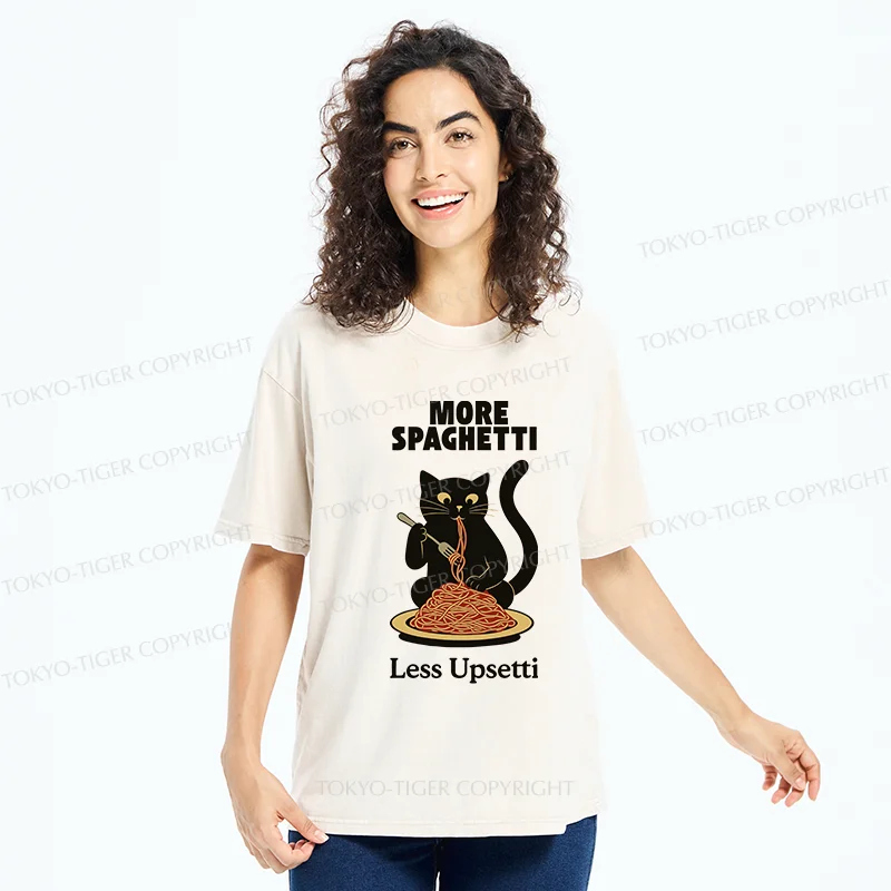 Tokyo-Tiger Black Cat Eating Pasta Washed T-Shirt