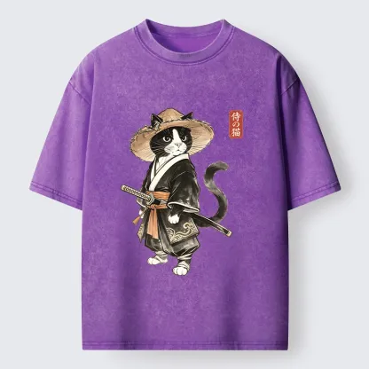 Tokyo‑Tiger Funny Samurai Cute Cat Washed T‑Shirt