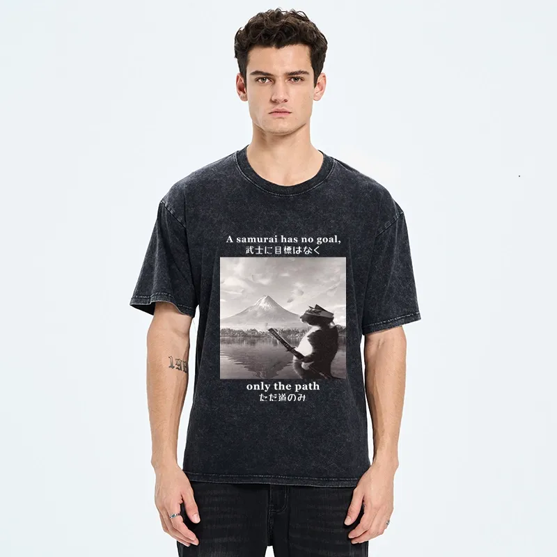Tokyo-Tiger Samurai Cat At Mount Fuji Washed T-Shirt