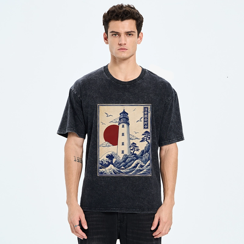 Tokyo-Tiger Classic Wave Lighthouse Sunrise Print Washed T-Shirt