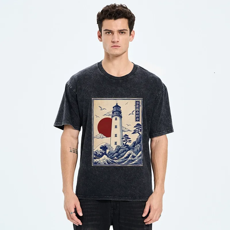 Tokyo-Tiger Classic Wave Lighthouse Sunrise Print Washed T-Shirt