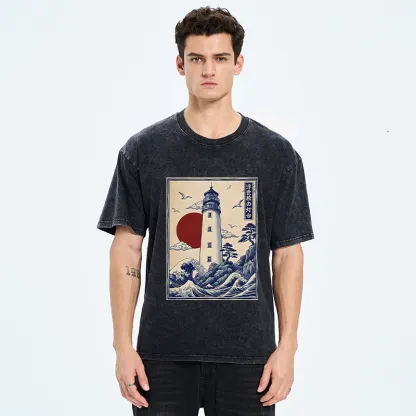 Tokyo-Tiger Classic Wave Lighthouse Sunrise Print Washed T-Shirt