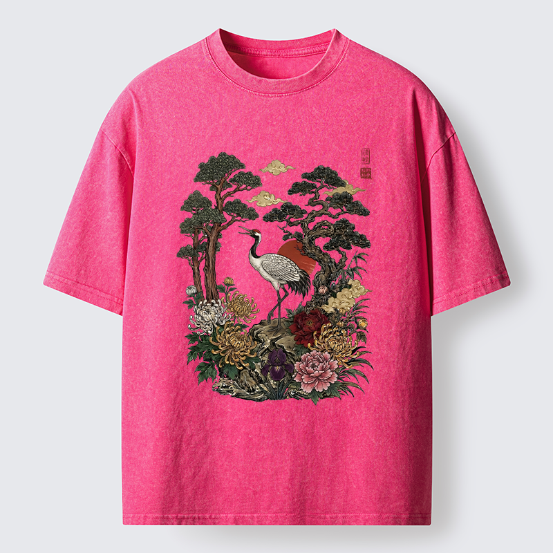 Tokyo-Tiger Vintage Crane Pine Tree Art Washed T-Shirt