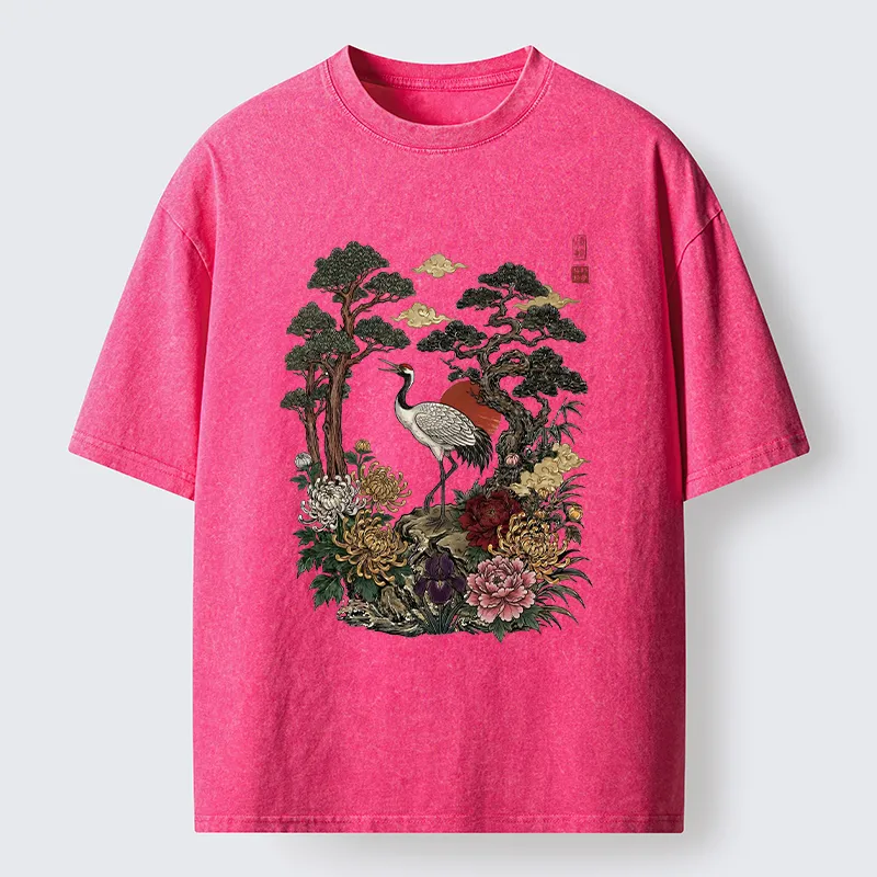 Tokyo-Tiger Vintage Crane Pine Tree Art Washed T-Shirt