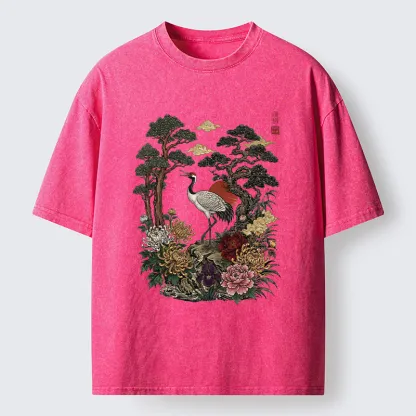 Tokyo-Tiger Vintage Crane Pine Tree Art Washed T-Shirt