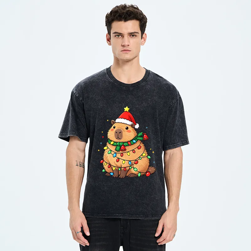 Tokyo-Tiger Chill Capybara In Christmas Outfit Washed T-Shirt
