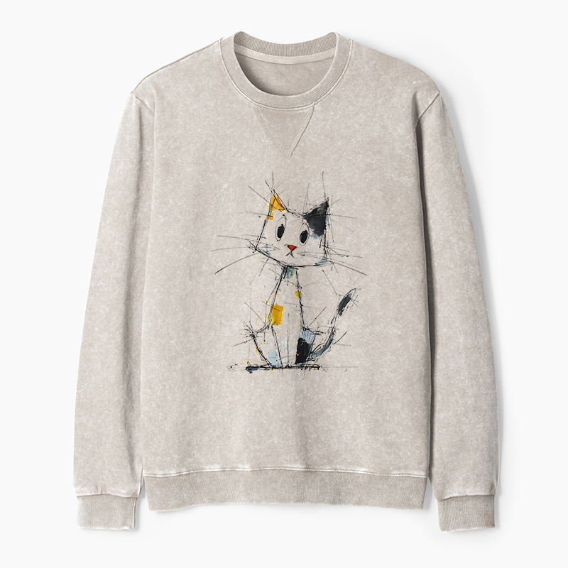 Tokyo-Tiger Minimal Splash Ink Cute Cat Washed Terry Sweatshirt
