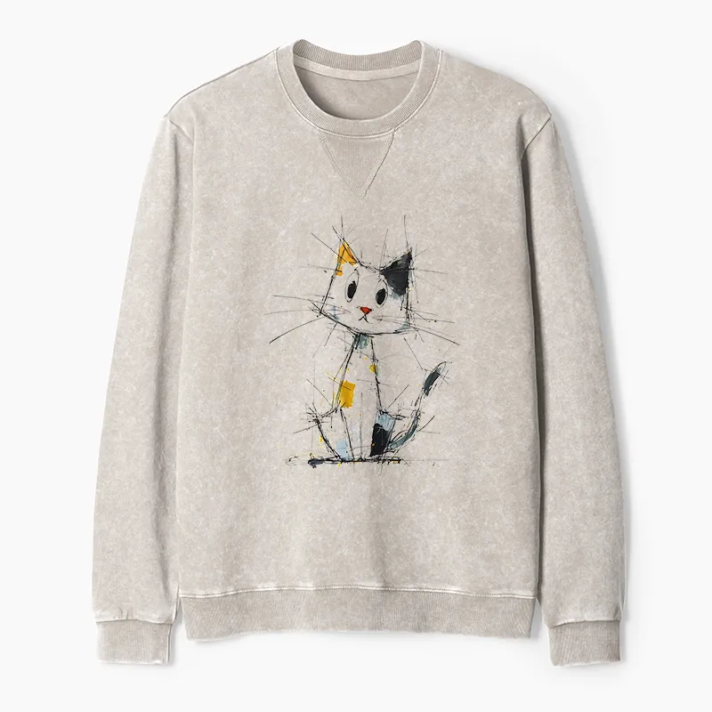 Tokyo-Tiger Minimal Splash Ink Cute Cat Washed Terry Sweatshirt