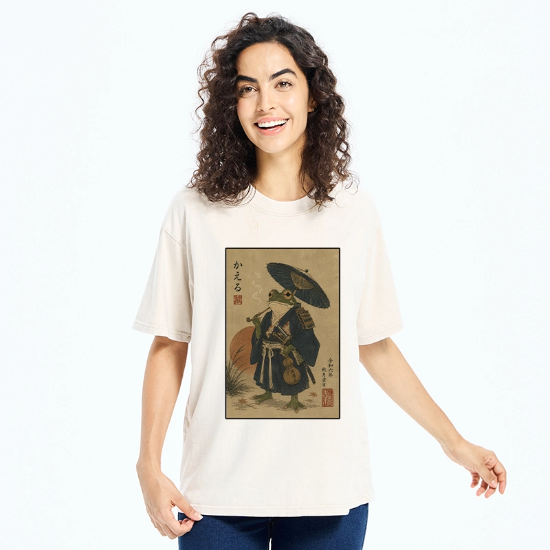 Tokyo-Tiger Cool Frog Samurai In Kimono Washed T-Shirt