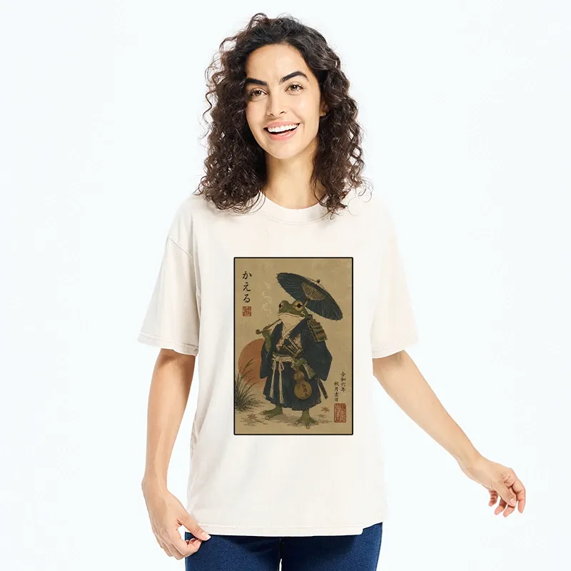 Tokyo-Tiger Cool Frog Samurai In Kimono Washed T-Shirt