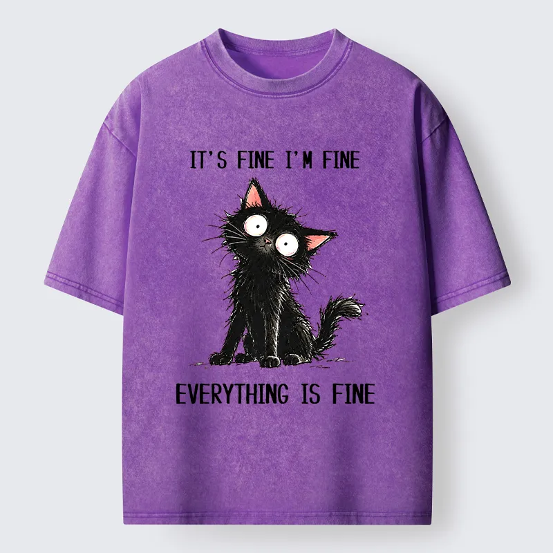 Tokyo-Tiger It's Fine Black Cat Meme Washed T-Shirt