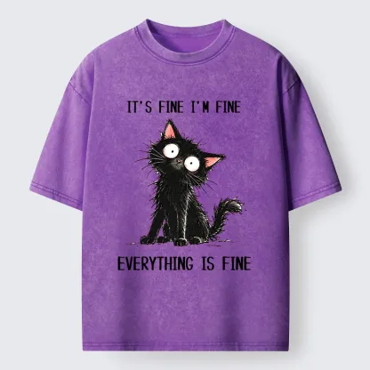 Tokyo-Tiger It's Fine Black Cat Meme Washed T-Shirt