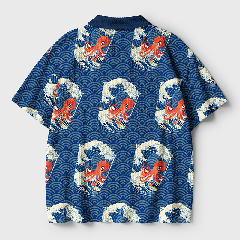 Tokyo-Tiger Great Wave Off Octopus Crochet Polo Shirt
