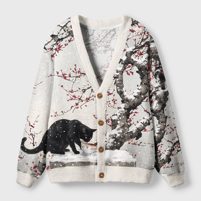 Tokyo-Tiger Ink Art Black Cat Snow Plum Ugly Cardigan Sweater
