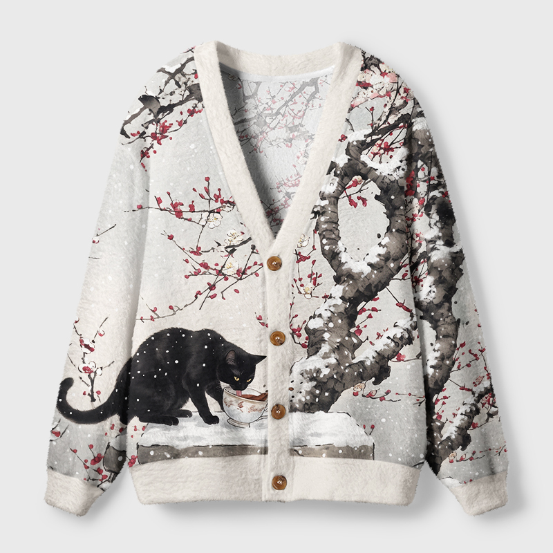 Tokyo-Tiger Ink Art Black Cat Snow Plum Ugly Cardigan Sweater