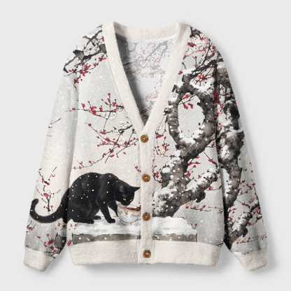 Tokyo-Tiger Ink Art Black Cat Snow Plum Ugly Cardigan Sweater