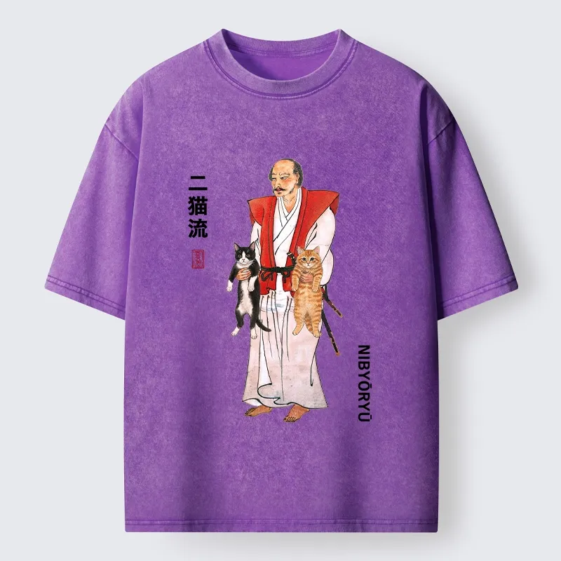 Tokyo‑Tiger Two Cat Samurai Vibe Washed T‑Shirt