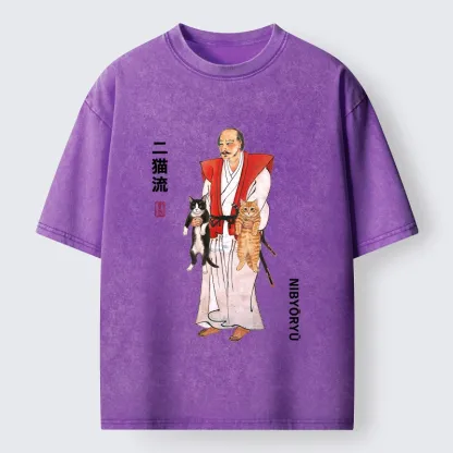 Tokyo‑Tiger Two Cat Samurai Vibe Washed T‑Shirt