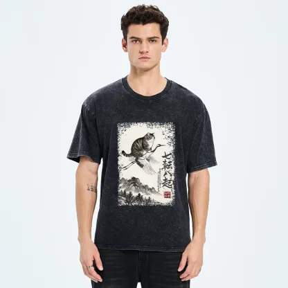 Tokyo-Tiger Funny Cat Riding Crane Art Washed T-Shirt