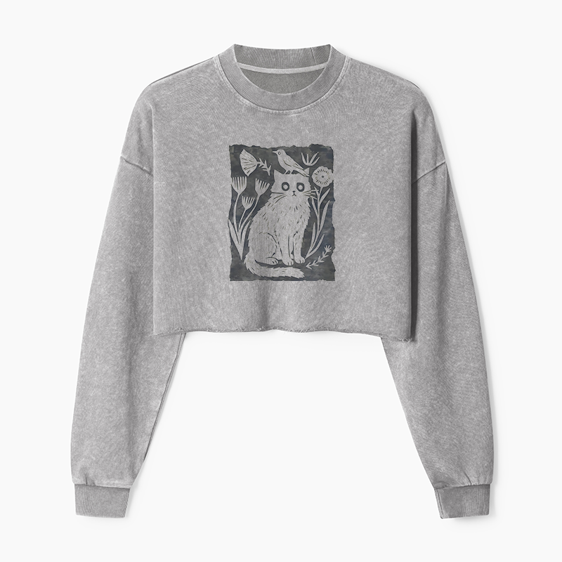 Tokyo-Tiger Folk Paper Cut Cat Bird Floral Art Washed Crop Sweatshirt