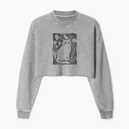 Tokyo-Tiger Folk Paper Cut Cat Bird Floral Art Washed Crop Sweatshirt