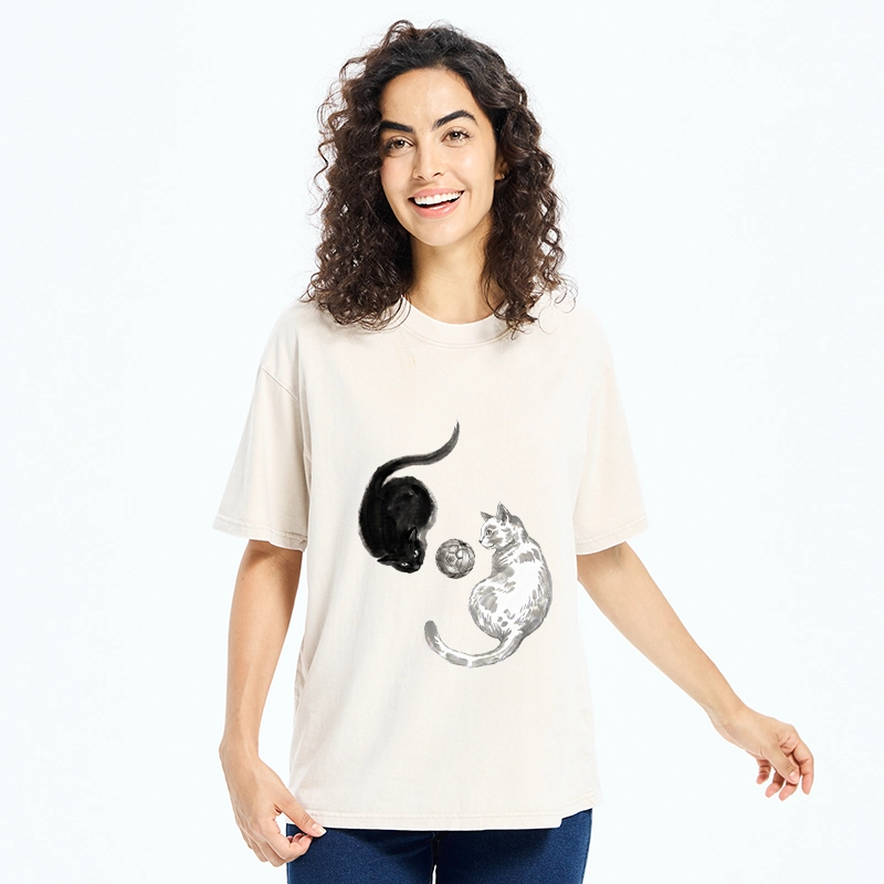 Tokyo-Tiger Cool Yin Yang Cat Art Washed T-Shirt