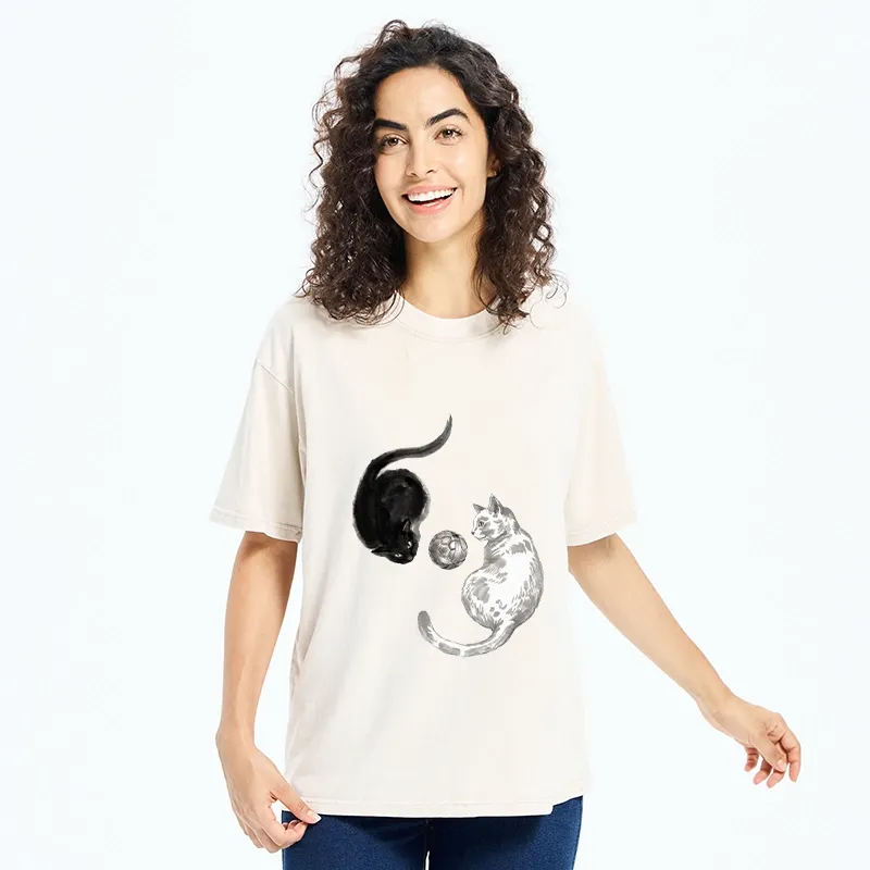 Tokyo-Tiger Cool Yin Yang Cat Art Washed T-Shirt