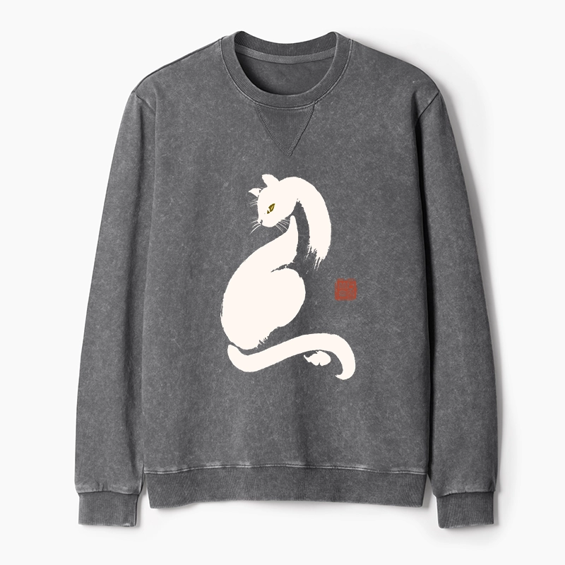 Tokyo-Tiger Elegant Black Cat Japan Washed Terry Sweatshirt