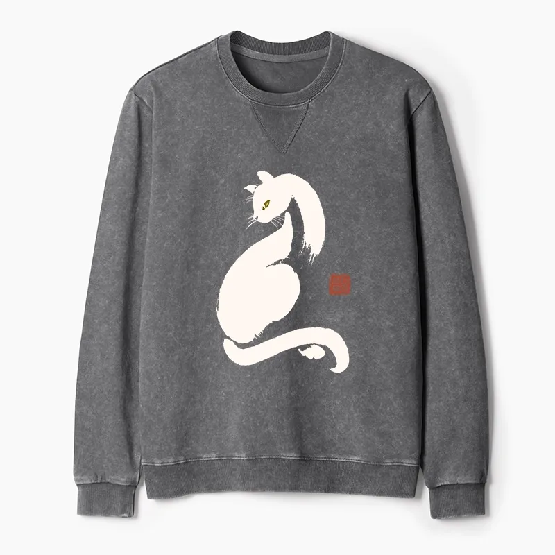 Tokyo-Tiger Elegant Black Cat Japan Washed Terry Sweatshirt