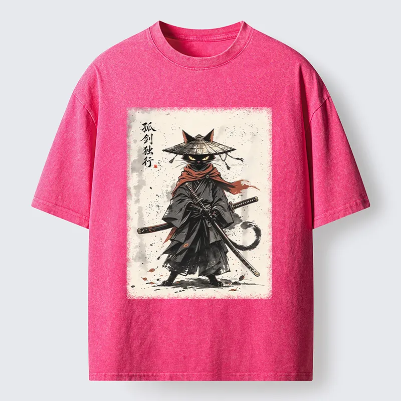 Tokyo-Tiger Lone Samurai Cat Ink Art Washed T-Shirt