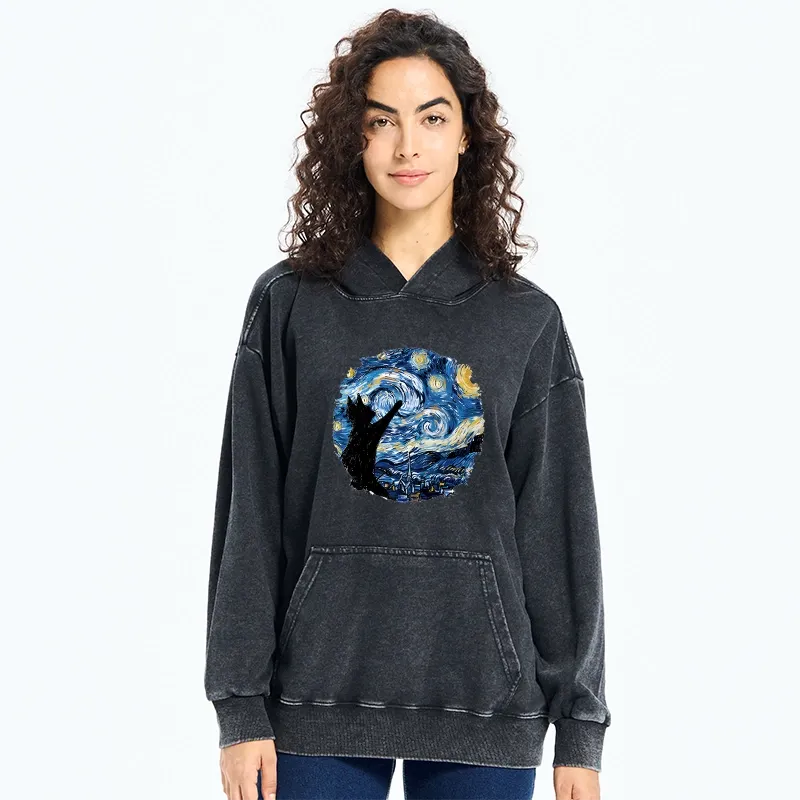 Tokyo-Tiger Starry Night Black Cat Washed Hoodie