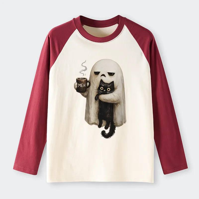 Tokyo-Tiger Ghost Cat Coffee Mood Raglan Long Sleeve T-shirt