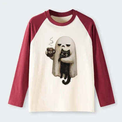 Tokyo-Tiger Ghost Cat Coffee Mood Raglan Long Sleeve T-shirt