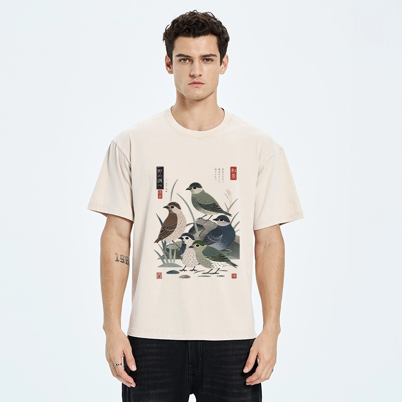 Tokyo-Tiger Cute Little Birds Japanese Folk Print Washed T-Shirt