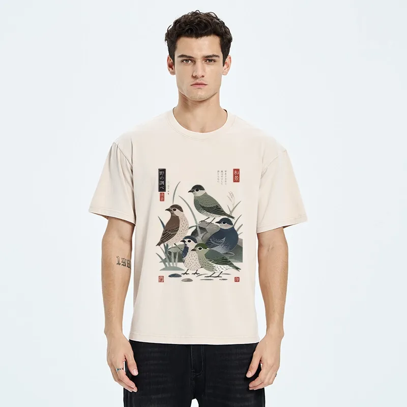 Tokyo-Tiger Cute Little Birds Japanese Folk Print Washed T-Shirt