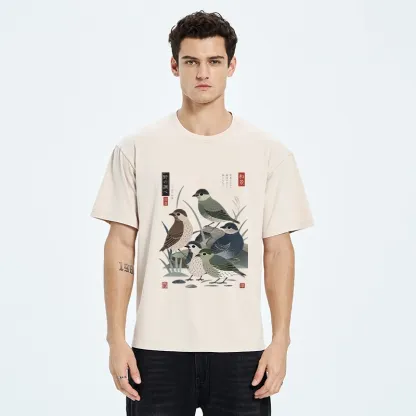 Tokyo-Tiger Cute Little Birds Japanese Folk Print Washed T-Shirt